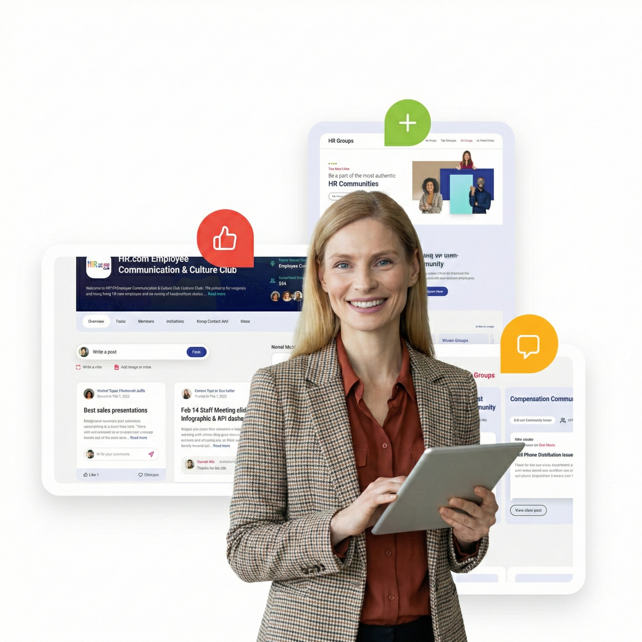 HR professional managing multiple digital interfaces and employee communications