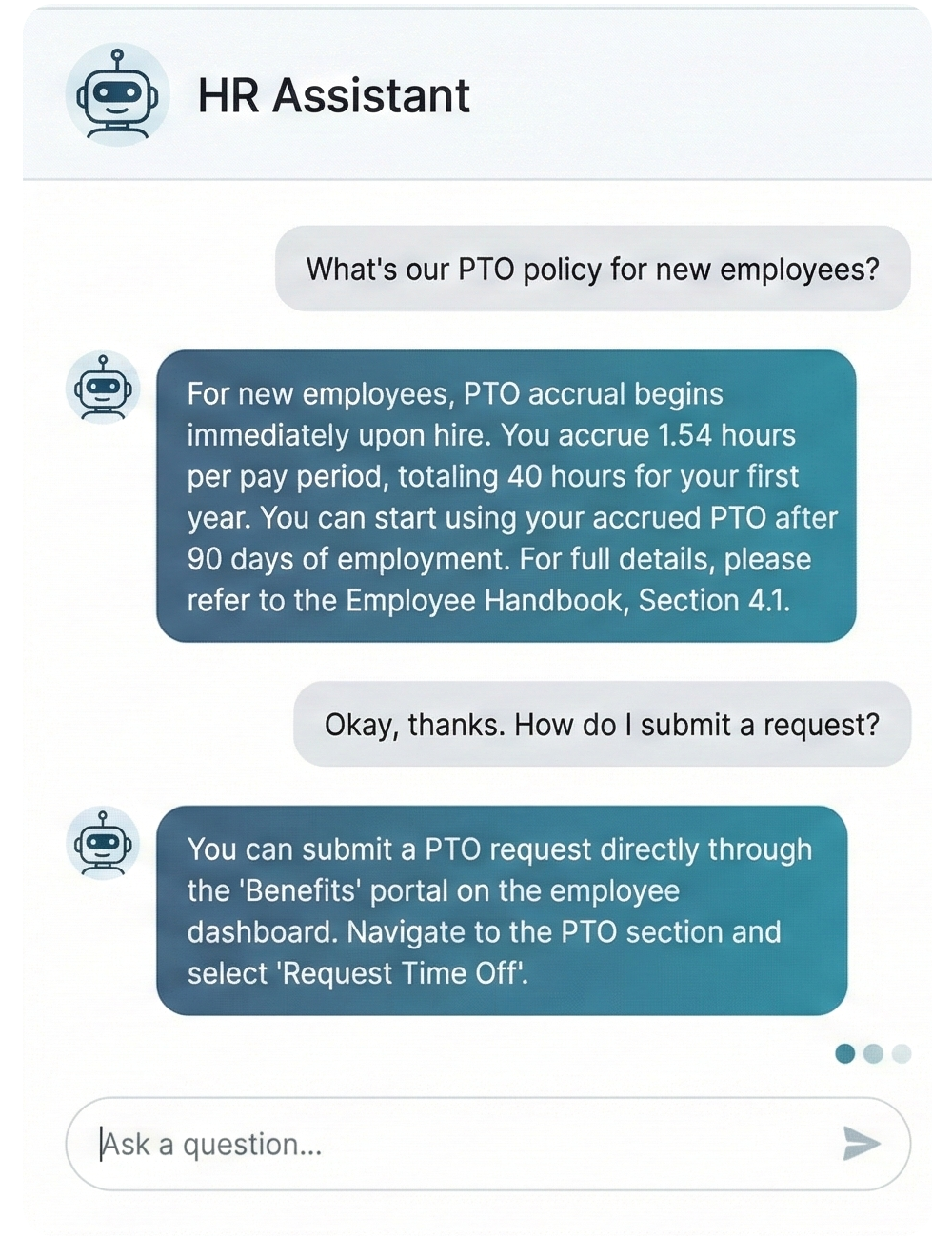 AI HR Assistant answering employee questions about PTO policy and request submission