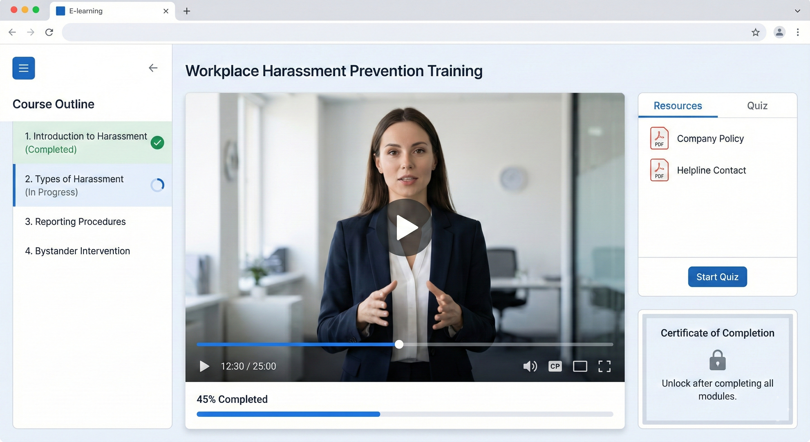 Training platform showing workplace harassment prevention course with video player and progress tracking