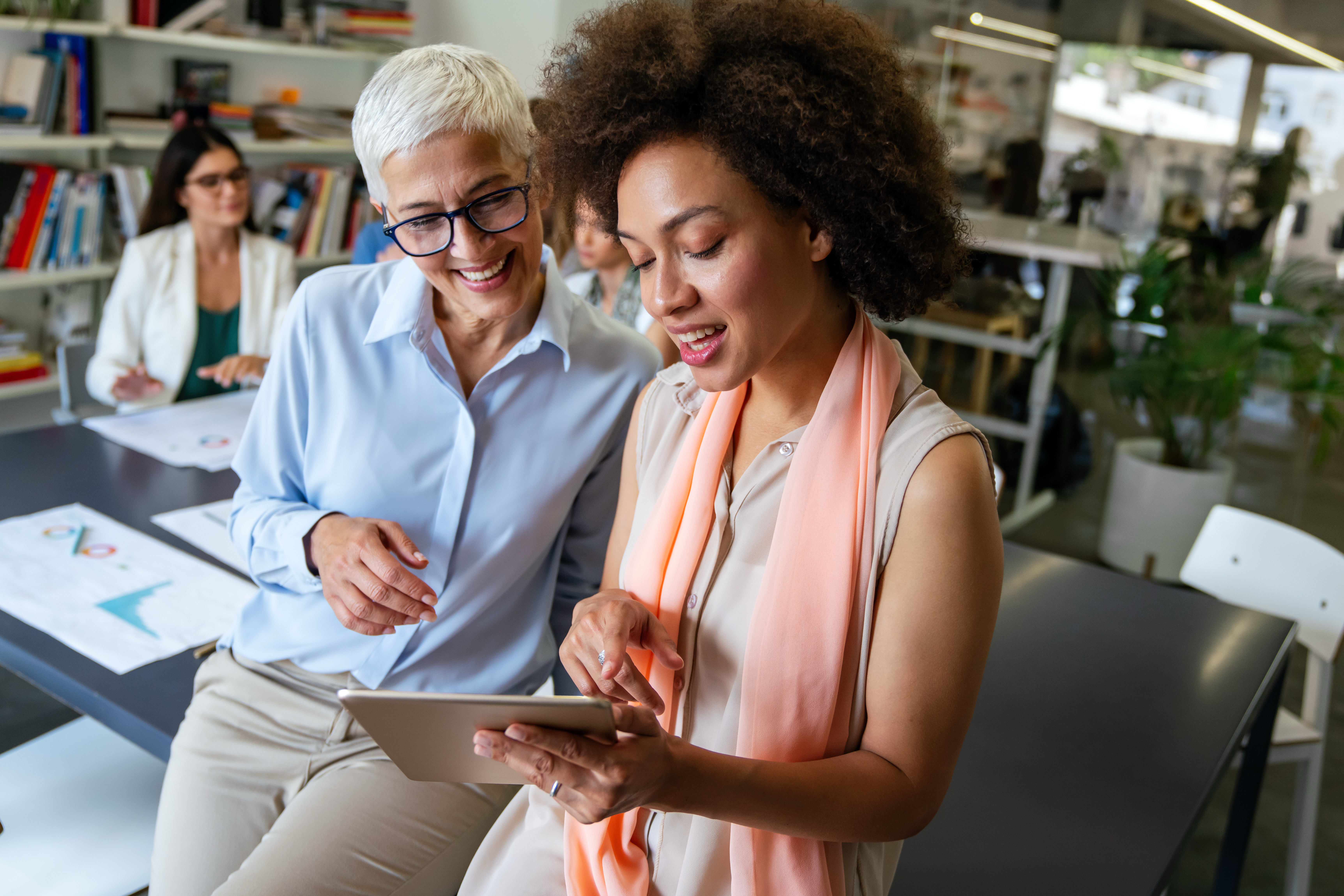 HR consultant collaborating with client in modern office